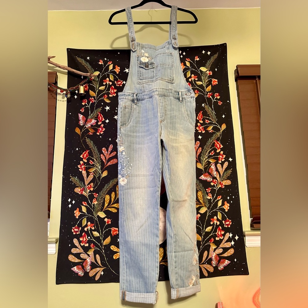 Driftwood embroidered railroad stripe overalls